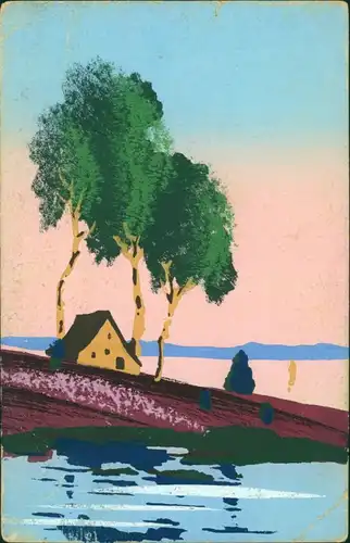Ansichtskarte  Künstlerkarten - handgefertigt - Birken am Fluss 1906