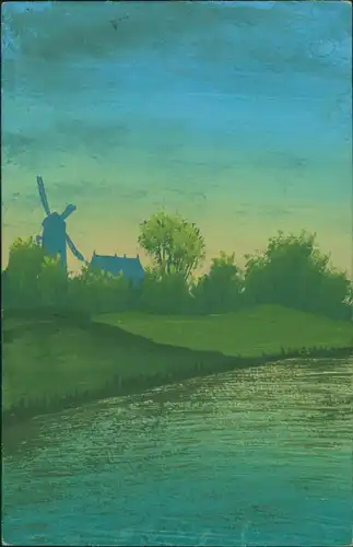 Ansichtskarte  Künstlerkarte - handgefertigt Flußpartie - Windmühle 1917