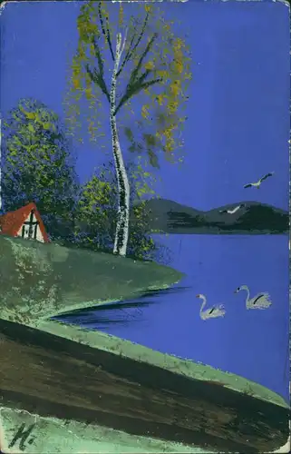 Ansichtskarte  Künstlerkarte - handgefertigt - Schwäne auf dem See 1914