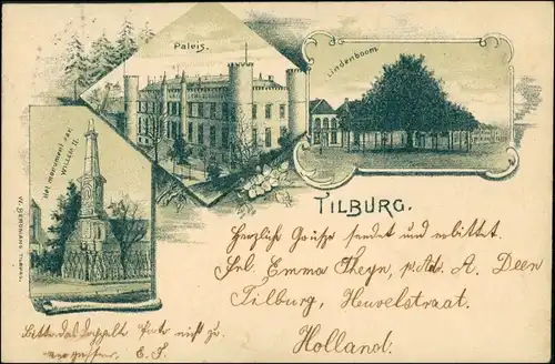 Postkaart Tilburg Litho AK: Denkmal, Paleis, Lindenboom 1898