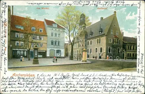 Ansichtskarte Aschersleben Markt und Geschäfte 1905