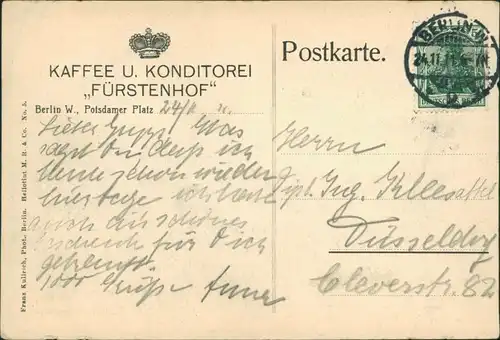 Ansichtskarte Tiergarten-Berlin Potsdamer Platz Kaffee Fürstenhof 1911