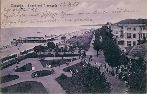 Ansichtskarte Zinnowitz Hotel Fortuna - Strand und Promenade 1909 