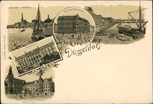 Litho AK Düsseldorf Litho AK: Rheinufer, Justizgebäude,Hafen 1905 