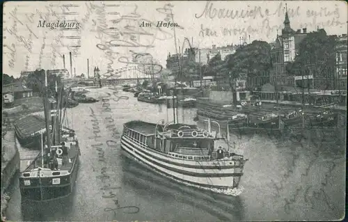 Ansichtskarte Magdeburg Schiffe im Hafen 1925