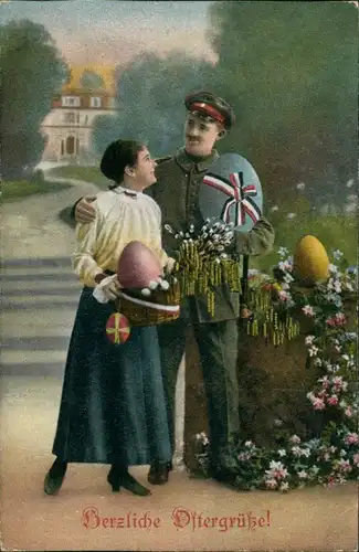 Ansichtskarte  Ostern - Frau und Soldat mit Ostereiern Patriotika 1916