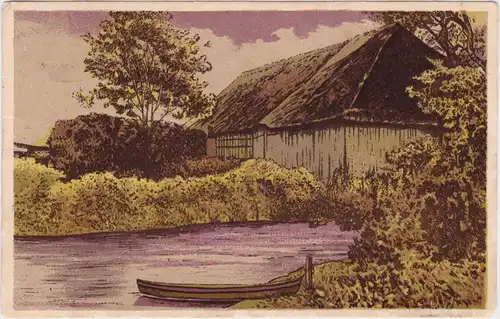 Ansichtskarte  Partie am Flüßchen mit Ruderboot Künstlerkarten 1920