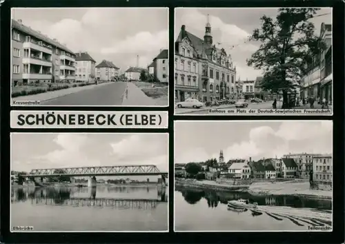 Schönebeck (Elbe) Krausestraße, Elbbrücke, Rathaus, Teilansicht 1963
