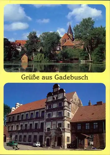 Ansichtskarte Gadebusch Stadtkirche mit Teich, Backsteinrathaus 2000