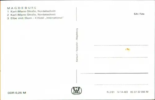 Magdeburg Karl-Marx-Straße, Elbe mit Dom, Hotel „International” 1981