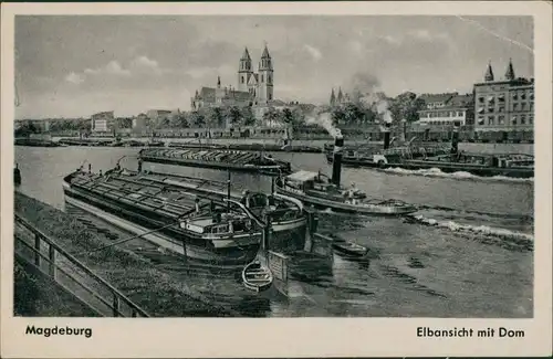 Ansichtskarte Magdeburg Elbansicht mit Dom, Frachtschiffe, Dampfer 1915