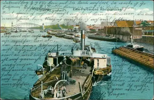 Magdeburg Elbe Partie Königsbrücke Dampfer Schiff Kohledampfer 1912 