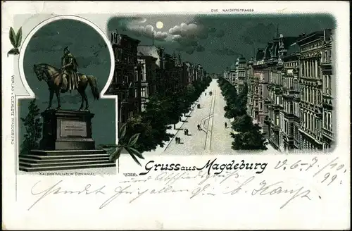 Ansichtskarte Magdeburg Litho: Kaiserstraße Mondschein 1899