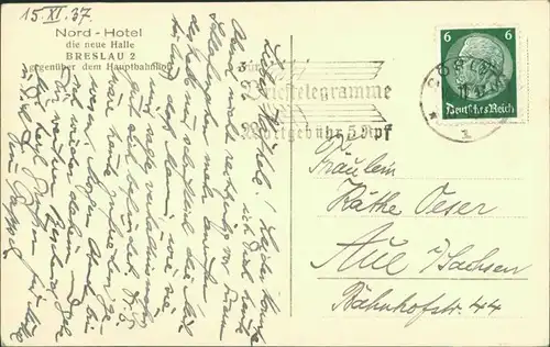 Postcard Breslau Wrocław Nord Hotel - Eingangshalle - Haubtbahnhof 1937