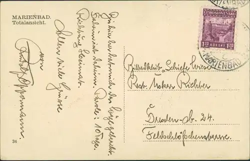 Postcard Marienbad Mariánské Lázně Partie an der Stadt 1927
