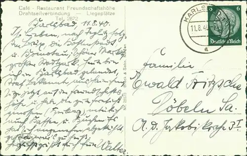 Postcard Karlsbad Karlovy Vary Cafe Restaurant Freunschaftshöhe 1937 