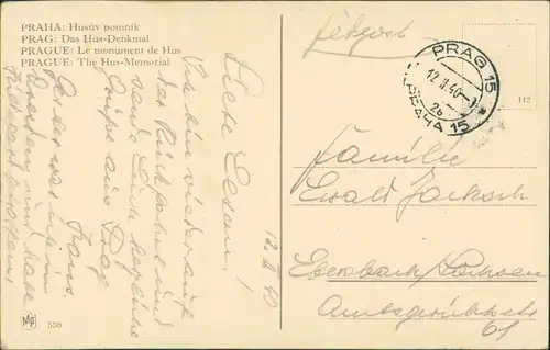 Postcard Prag Praha Hus-Denkmal 1940