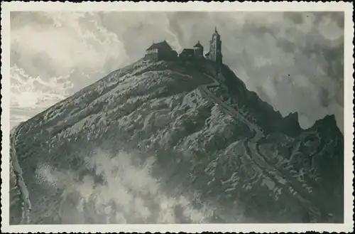 Krummhübel Karpacz Künstlerkarte Schneekoppe/Sněžka/Śnieżka im Nebel 1934
