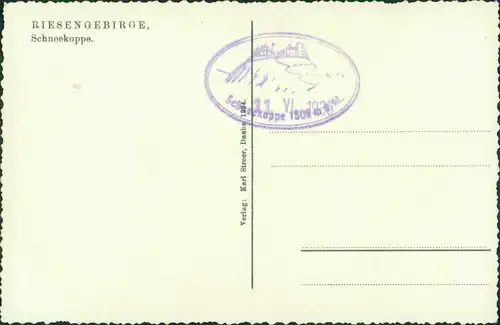 Krummhübel Karpacz Künstlerkarte Schneekoppe/Sněžka/Śnieżka im Nebel 1934