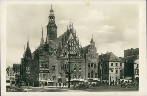 Postcard Breslau Wrocław Autos vor dem Rathaus 1930