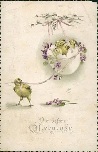  Grusskarte OSTERN, Ostergrüsse, Easter, Küken mit Osterschmuck 1911