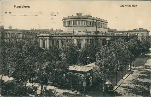 Magdeburg Stadttheater, davor Café mit Conditorei, Litfaßsäule, Allee 1916