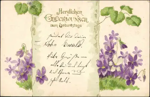  Geburtstag - Künstlerkarte Veilchen Birke - Goldrand 1907 Prägekarte