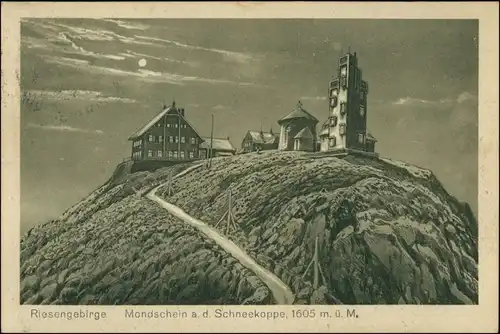 Postcard Krummhübel Karpacz Schneekoppe Mondschein Koppenstempel 1924