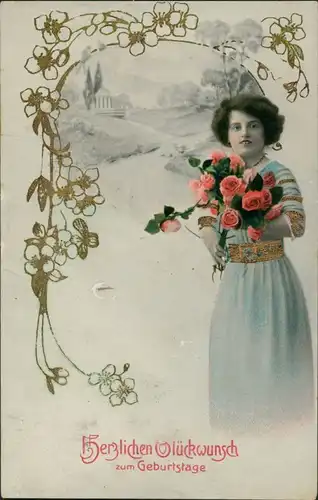  Herzlichen Glückwunsch zum Geburtstag, Frau mit Blumen Gruss, Bouguet 19109 