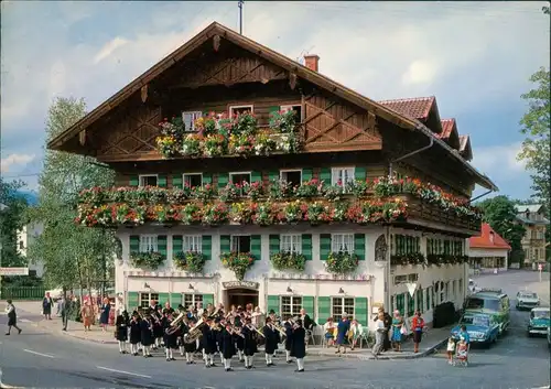 Oberammergau Hotel Wolf Gebäude mit Blumen, Musik-Kapelle, Auto Autos 1992 