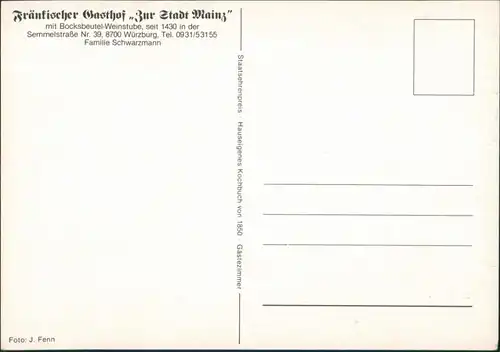 Würzburg Fränkischer Gasthof „Zur Stadt Mainz"  Gaststätte Innenansicht 1980