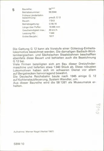 Sammelkarte  Baureihe 58 Eisenbahn Sammlerkarte, Dampflok, Lokomotive 1965 