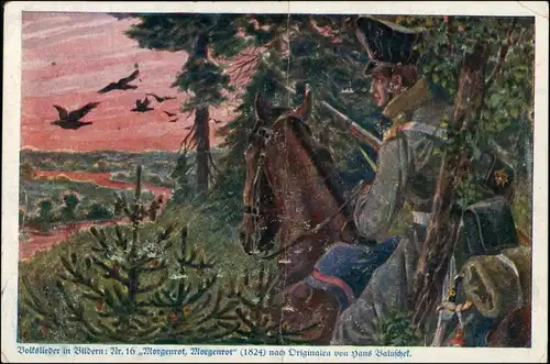  Volkslieder Karte "Morgenrot" nach Horst Baluschek, Soldat auf Pferd 1917