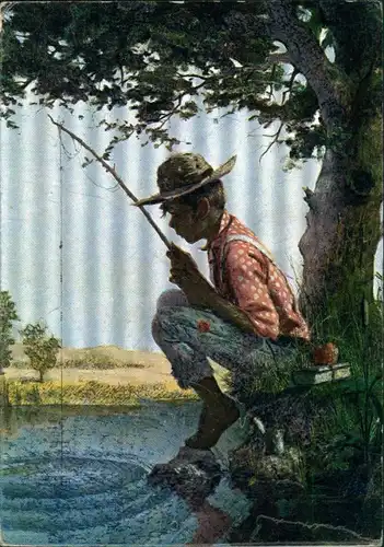  Junger Mann beim Fischen, Angeln, Angler, Künstlerkarte 1950 Silber-Effekt