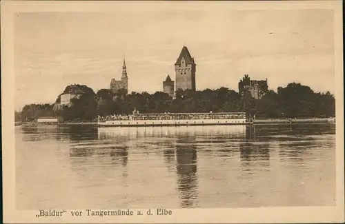 Ansichtskarte Tangermünde Schiff Baldur vor der Stadt 1924