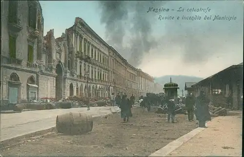 Cartoline Messina Erdbeben brennende Straße 1908