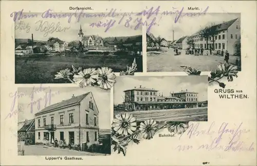 Ansichtskarte Wilthen (Sachsen) 4 Bild Bahnhof, Markt, Gasthaus 1915