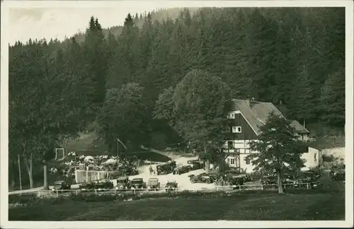 Ansichtskarte Oberpöbel-Dippoldiswalde Gasthaus Putzmühle, Autos 1930