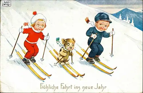 Ansichtskarte  Kinder Künstlerkarten Jahn Wills Kinder Hund Skifahren 1933