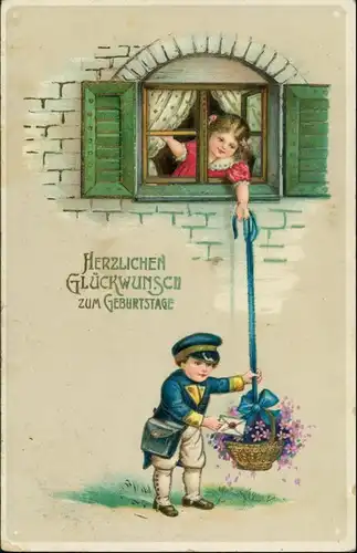 Glückwunsch/Grußkarten: Geburtstag Goldrandpräge AK Junge Mädchen 1911 Goldrand