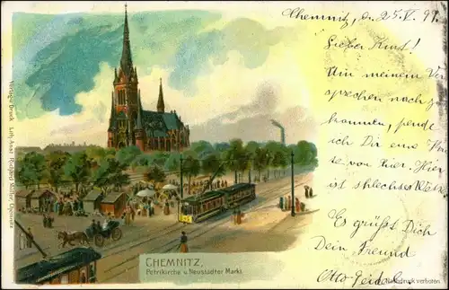 Chemnitz Neustädter Markt. Markttreiben Straßenbahn Künstlerkarte 1899
