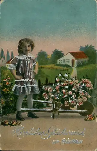 Ansichtskarte  Silber-Präge AK Kind mit Blumen-Schubkarre 1919 Silberrand