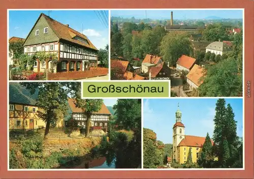 Großschönau (Sachsen) Umgebindehaus Schafgasse 1, Teilansicht, An der Mandau, Dorfkirche 1989
