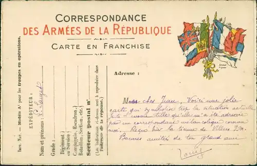 .Frankreich Modèle A' pour les troupes en opérations./Flaggen Feldpost Frankreich 1915