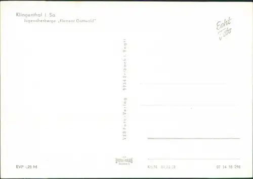 Ansichtskarte Klingenthal Jugendherberge "Klement Gottwald" im Schnee 1974