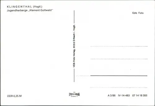 Ansichtskarte Klingenthal Jugendherberge "Klement Gottwald" 1986