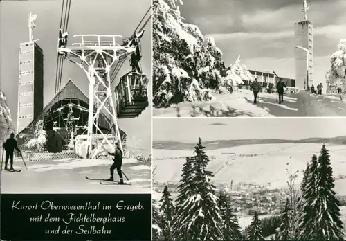 Oberwiesenthal Mehrbildkarte, Fichtelberghaus, Winterlandschaften, Skifahrer 1978