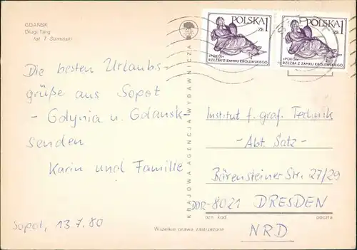 Postcard Danzig Gdańsk/Gduńsk Długi Targ 1980