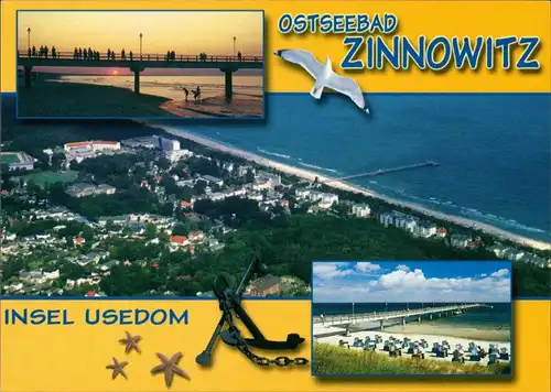 Ansichtskarte Zinnowitz Luftbild, Seebrücke und Strand, Sonnenuntergang 1995