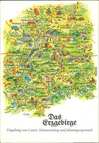 Ansichtskarte Sachsen Landkarte: Das Erzgebirge Lauterbach Schwarzenberg g1984